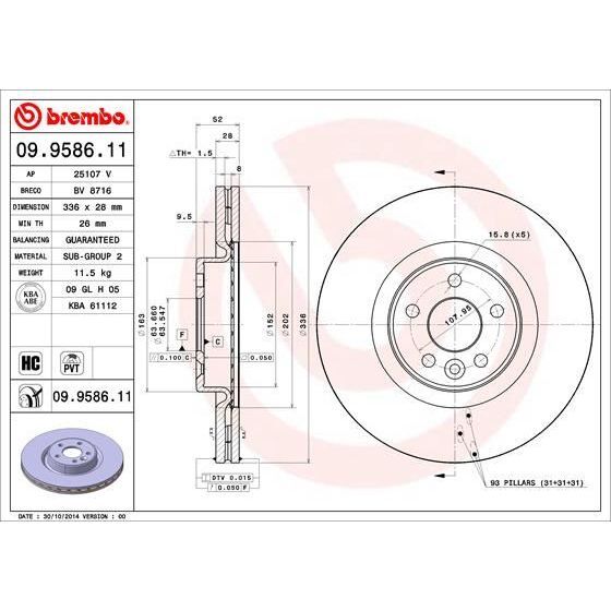 BREMBO ON FREN DISK AYNASI HAVALI VOLVO S60 II 10>15 S80 II 06> V60 I 11>15 V70 III 07>15 XC70 II 09>15 336CM CAP (30736313)