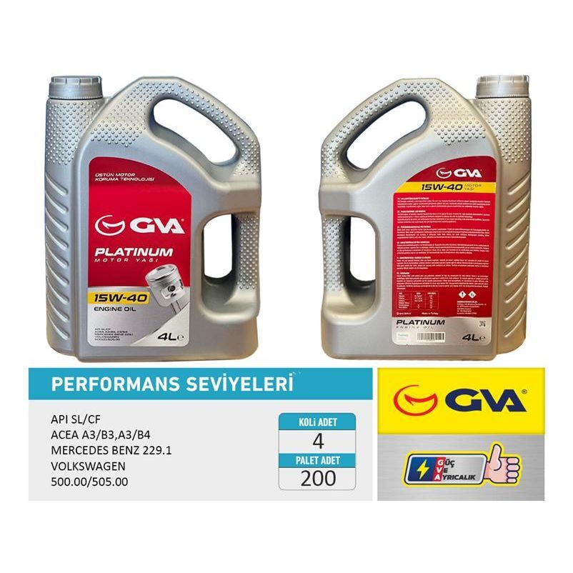 GVA MOTOR YAĞI 15W40 4 LT PLATINUM MİNERAL API SL/CF (15W40)