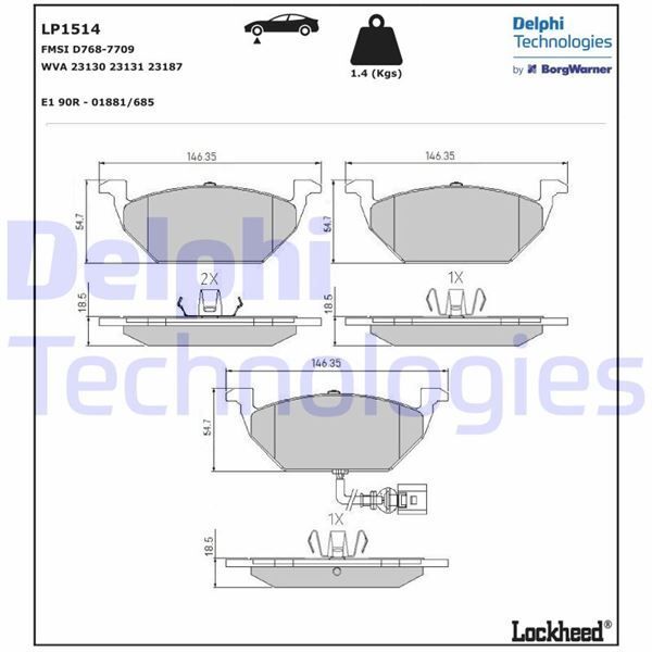 DELPHI ÖN BALATA FİŞLİ KÜÇÜK GOLF4-GOLF5-JETTA-BORA-POLO-A3-LEON 97 > (1J0698151G)