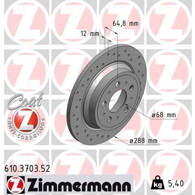 ZIMMERMANN ARKA FREN AYNASI VOLVO S60 01-10 S70 01-05 S80 98-06 XC70 00-07 288X12X5DL DELİKLİ 986478495-DF4066 (9434167)