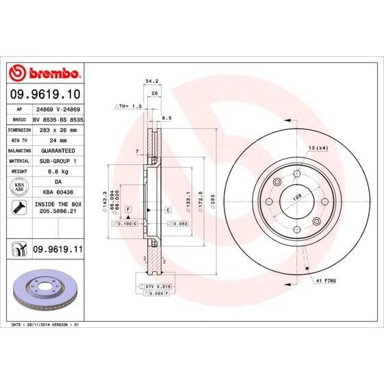 BREMBO ÖN FREN AYNASI CORSA F-CROSLAND X-MOKKA E-PARTNER-BERLINGO-307-207-208-2008-1007-308-C3-C3 AIRCROSS- C4-C5-XSARA-DS3 283X26X4DLXHAVALI 4249.84-4249.18 (3557911)