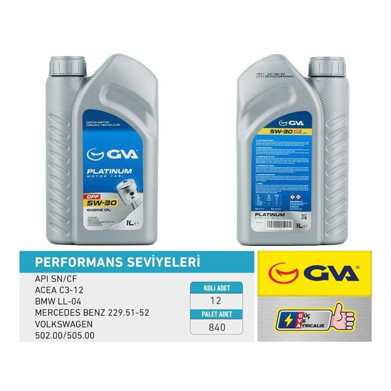 GVA MOTOR YAĞI 5W30 1 LT PLATINUM PARTİKÜLLÜ-DPF TAM SENTETİK API SN/CF (5W30)