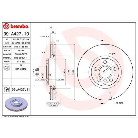 BREMBO FREN DİSKİ ÖN FORD MONDEO-LAND ROVER FREELANDER 2 07> ÇAP: 300MM 5 DELIK (7G911125BA)