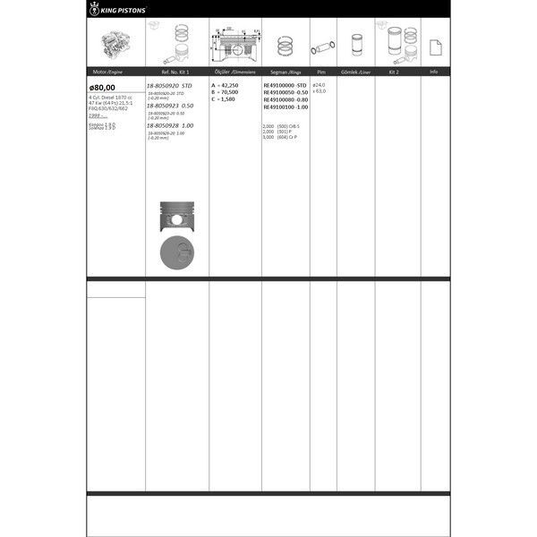 KING PISTON PİSTON KİTİ 1 80 STD RENAULT-NISSAN KANGOO 1.9 D 0.20 MM KISA-F8Q. 630/632/662