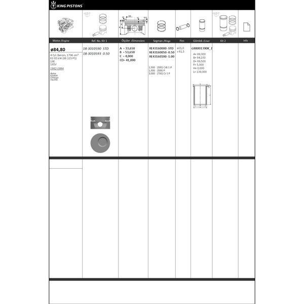 KING PISTON PİSTON KİTİ 1 84.8 0.50 OPEL ASTRA KADETT OMEGA VECTRA 18E-18SV