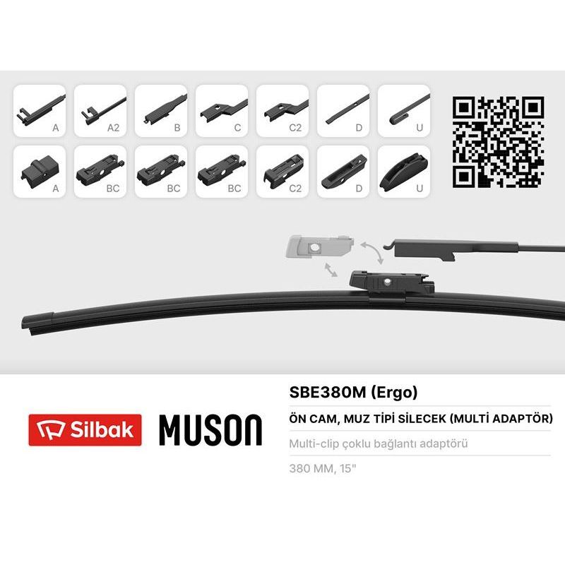 SILBAK SİLECEK SÜPÜRGESİ MUZ TİPİ 380MM A. BC.C2.D VE U TİPİ KOLLAR ICIN MULTİ ADAPTORLÜ