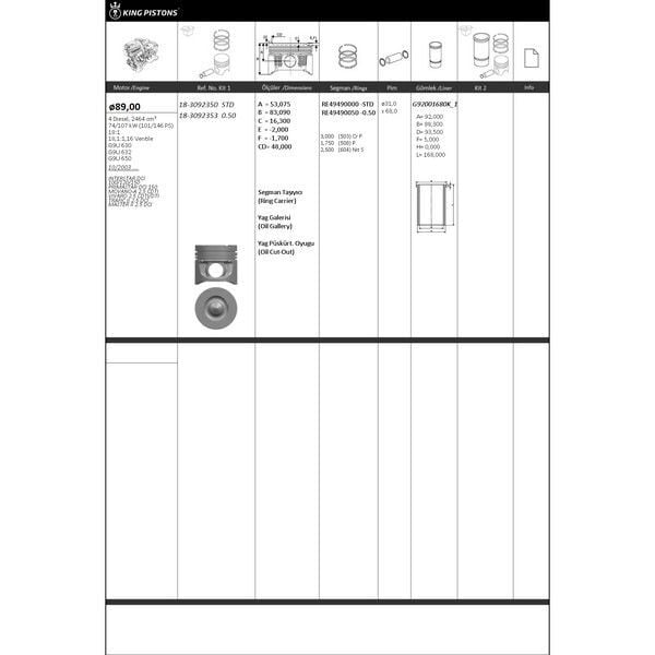 KING PISTON PİSTON KİTİ 1 89 STD OPEL-NISSAN-RENAULT-VAUXHALL INTERSTAR DCI 100/120/150 PRIMASTAR DCI 150 MOVA NO-A 2.5 CDTI VIVARO 2.5 CDTI/DTI TRAFIC II 2.5 DCI MASTER II 2.5 DCI G9U 630-G9U 632-G9U 650