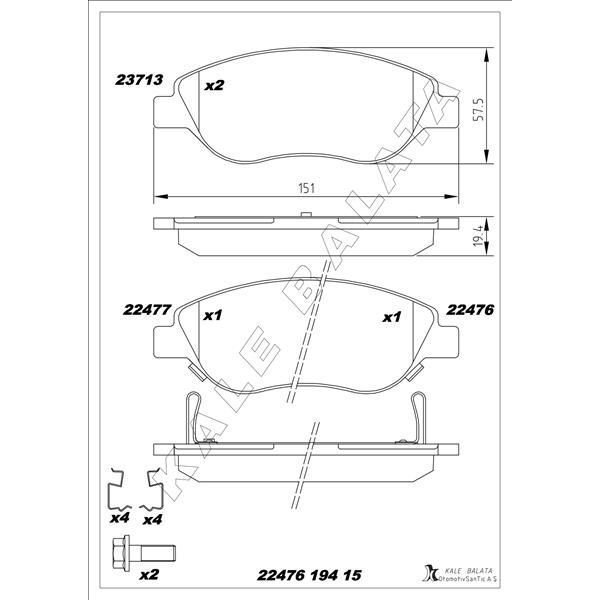 KALE BALATA ON BALATA FIAT EGEA 15> 1.4 1.5 T4 HIBRIT 1.6 D K:19 MM G:151.1 MM BÜYÜK TİP 8 ADET KLİPS (77367923)