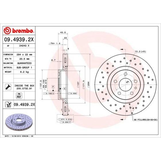 BREMBO ÖN FREN AYNASI OPEL COMBO D 12> FIAT DOBLO 10> EGEA 16> ALFA ROMEO 147 01> 156 97>05 284 X 22 5 DELİK HAVALI (46445006)