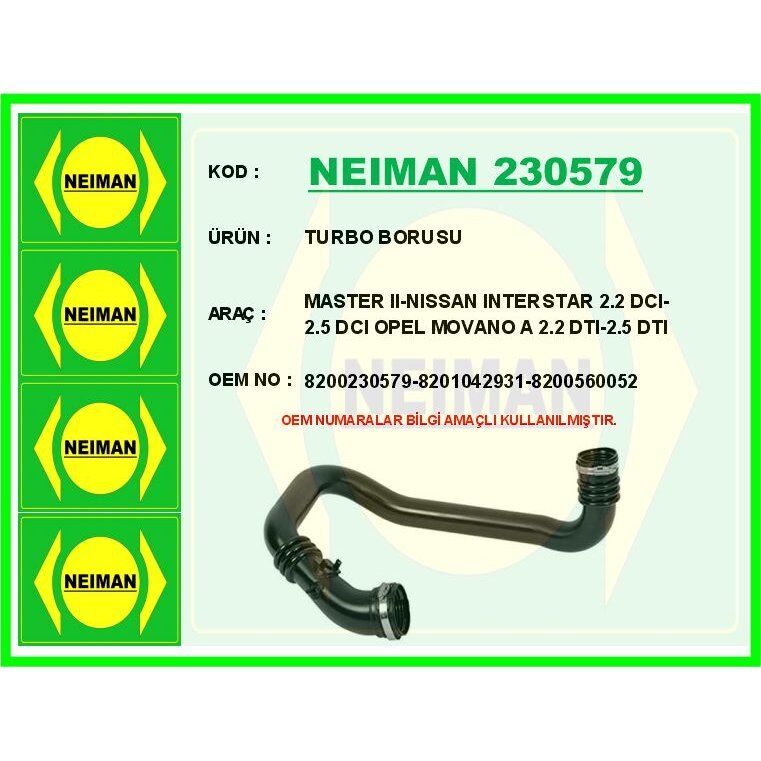 BESCHER TURBO BORUSU MASTER II-NISSAN INTERSTAR 2.2 DCI-2.5 DCI OPEL MOVANO A 2.2 DTI-2.5 DTI (8200230579)