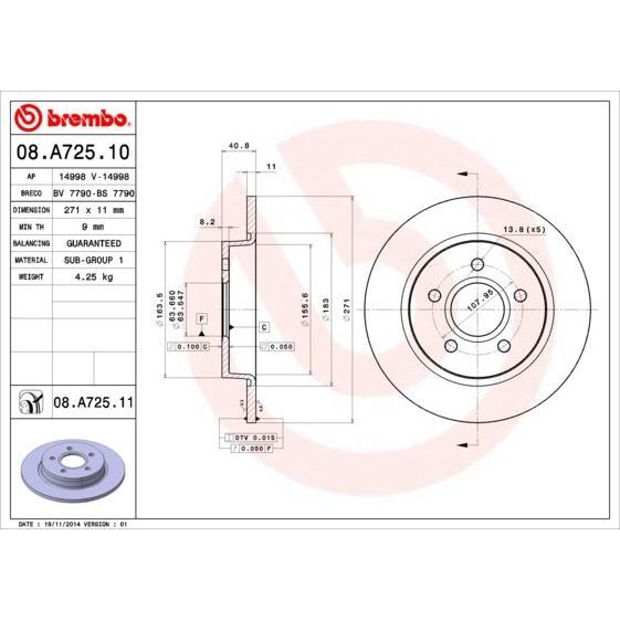 BREMBO ARKA FREN DISK AYNASI FOCUS III 11>17 271X11X63.5X41X5DL (1704765)