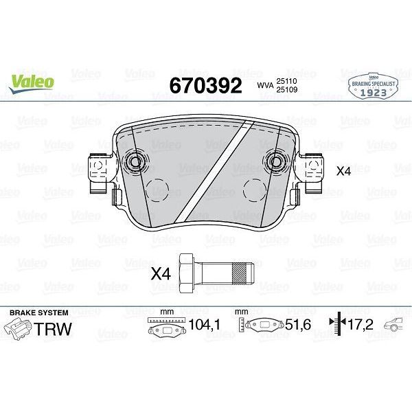 VALEO ARKA BALATA VW CADDY IV 2.0TDI 15 CUUF-DFSF 104.1X17.2X51.6 (5Q0698451B)