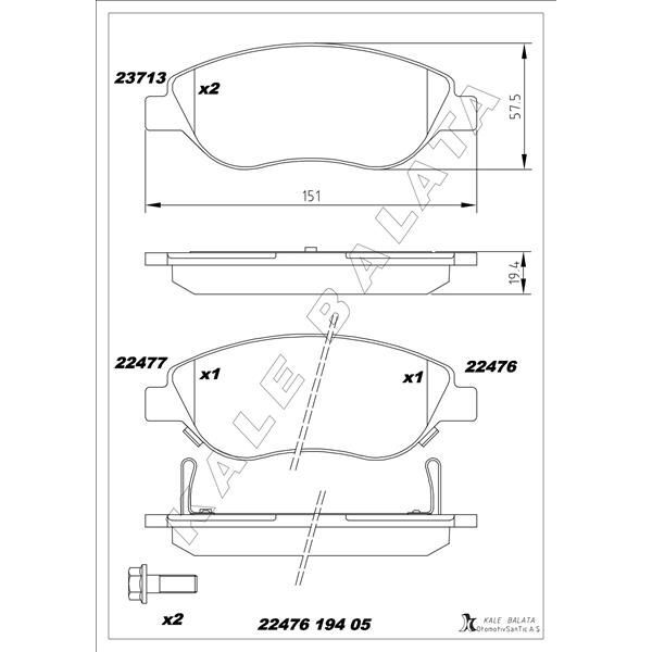 KALE BALATA ON BALATA FIAT EGEA 15> 1.4 1.5 T4 HIBRIT 1.6 D K:19 MM G:151.1 MM BÜYÜK TİP (77367923)