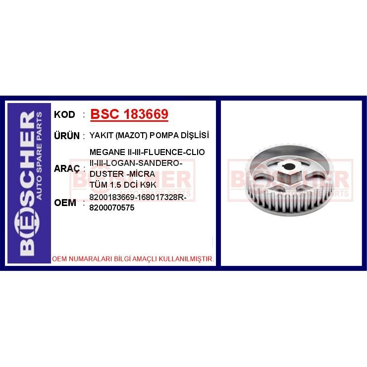 BESCHER YAKIT MAZOT POMPA DİŞLİSİ MEGANE II-III-FLUENCE-CLIO II-III-LOGAN-SANDERO-DUSTER -MİCRA TÜM 1.5 D (168017328R)