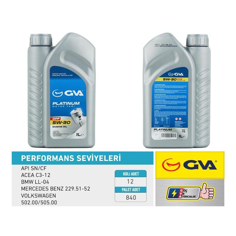 GVA MOTOR YAĞI 5W30 1 LT PLATINUM PARTİKÜLLÜ-DPF TAM SENTETİK API SN/CF (5W30)