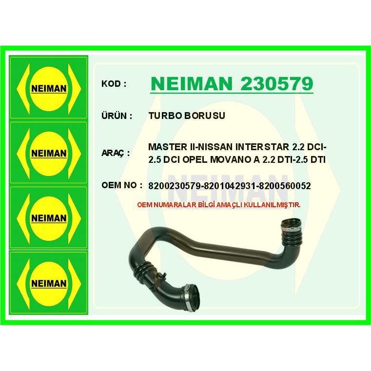 BESCHER TURBO BORUSU MASTER II-NISSAN INTERSTAR 2.2 DCI-2.5 DCI OPEL MOVANO A 2.2 DTI-2.5 DTI (8200230579)