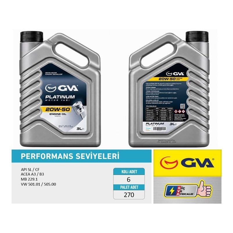 GVA MOTOR YAĞI 20W50 3 LT PLATINUM MİNERAL API SL/CF (20W50)