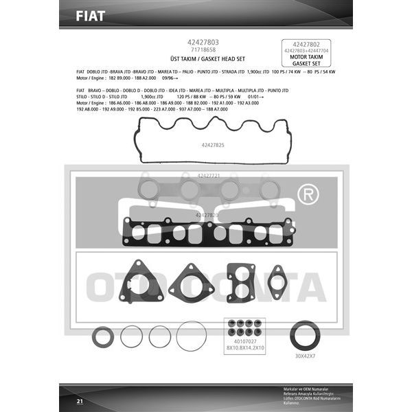 OTOCONTA ÜST TAKIM CONTASI DOBLO-ASTRA H-VECTRA C-ZAFIRA 1.9 JTD KEÇELİ SKC SİZ SUBAP LASTİKLİ (1606329)