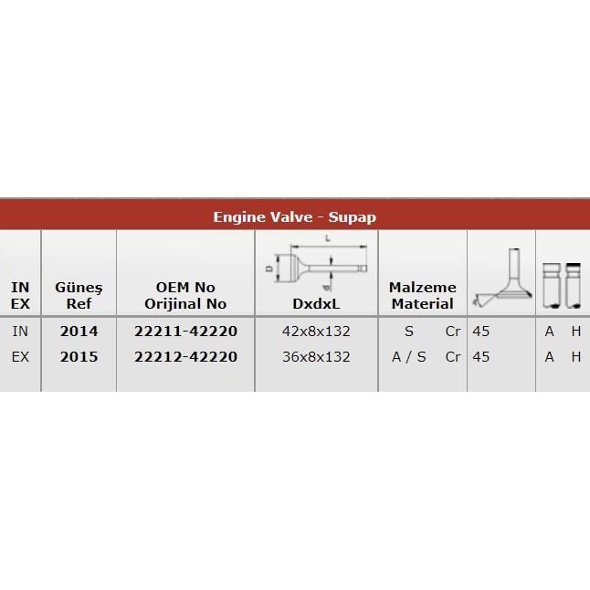 GUNES X SUBAP EMME EGZOZ H100-2600 KAMYONET 2001 MODEL 8V IN-4/EX-4 42X8X132 / 36X8X132