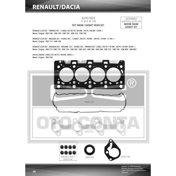 OTOCONTA ÜST TAKIM CONTASI CLIO-KNG-MGN-LOGAN-SANDERO 1.5DCI K9K 712-714-718-724-760 TEFLON KEÇELİ SUB.LAS (110444213R)