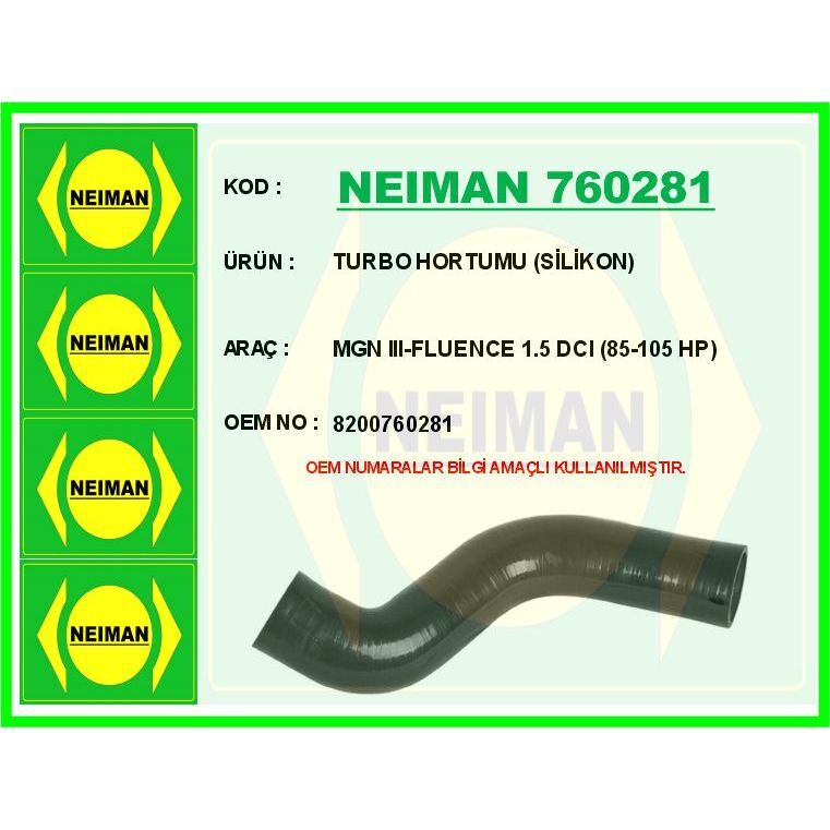 BESCHER TURBO HORTUMU SİLİKON MGN III-FLUENCE 1.5 DCI 85-105 HP (8200760281)