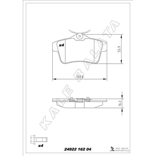 KALE BALATA ARKA FREN BALATASI PEUGEOT P3008 09>16 P5008 09>17 P508 10>18 P308 GTI-RZC 10>14 CITROEN C4 09>16 DS4-DS5 11>15 (1608681680)