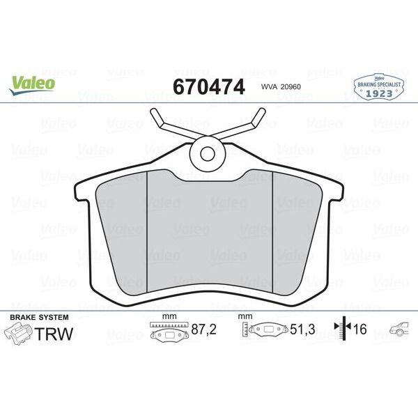 VALEO ARKA BALATA FLUENCE-MEGANE II-III-P207-P308-P307-PARTNER-BERLINGO-C2-C3-C4-CROSSLAND- BORA-PASSAT 97>GOLF IV-V-POLO 87X52.9X17 (1623180580)