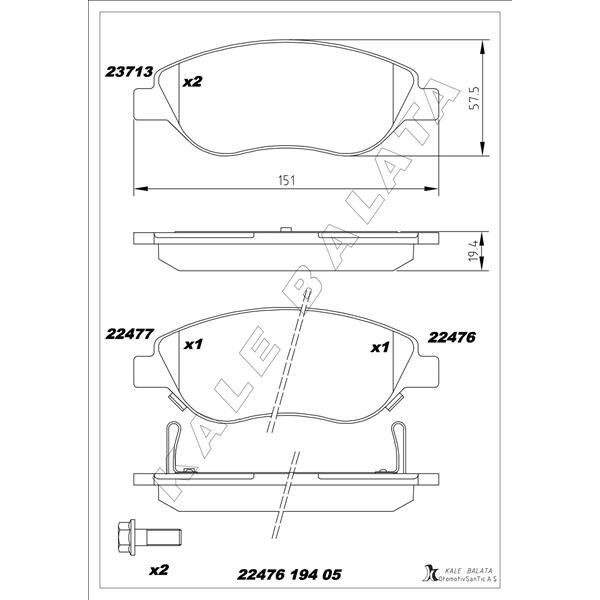 KALE BALATA ON BALATA FIAT EGEA 15 1.4 1.5 T4 HIBRIT 1.6 D K:19 MM G:151.1 MM BÜYÜK TİP (77367923)
