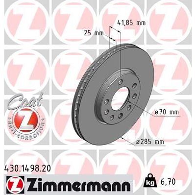ZIMMERMANN ÖN FREN AYNASI VECTRA C 02 SIGNUM 03 SAAB 9.3 02 CROMA 05 285X25X5DLXHAVALI 46844071-51819733 (569003)