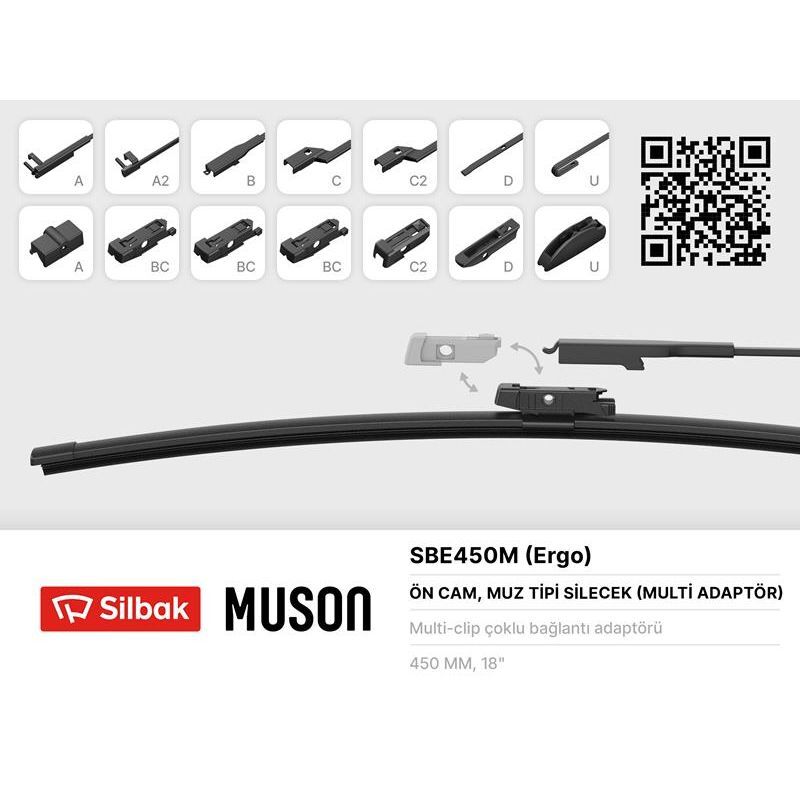 SILBAK SİLECEK SÜPÜRGESİ MUZ TİPİ 450MM A. BC.C2.D VE U TİPİ KOLLAR ICIN MULTİ ADAPTORLÜ