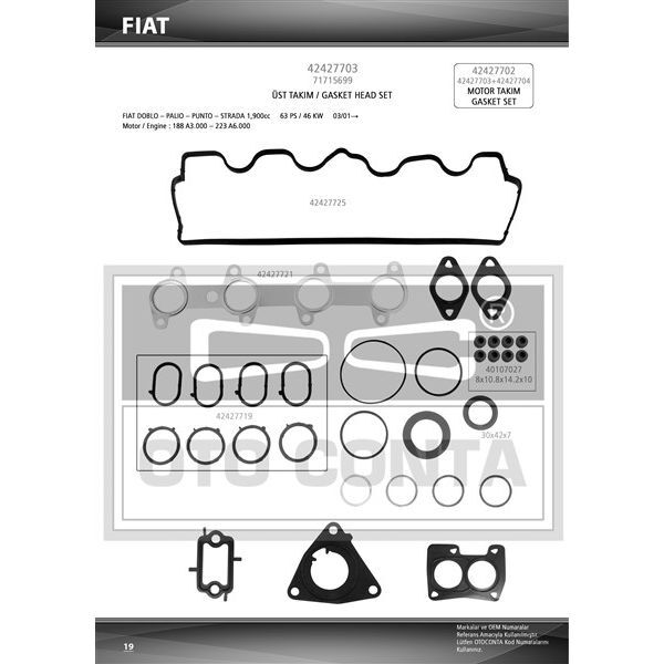 OTOCONTA ÜST TAKIM CONTASI DOBLO 1.9 DİZEL KEÇELİ SKC SİZ SUBAP LASTİKLİ (71715699)