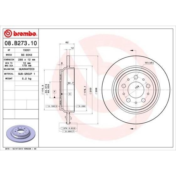 BREMBO ARKA FREN AYNASI VOLVO S60 01-10 S70 01-05 S80 98-06 XC70 00-07 288X12X5DL DELYKLY (31262097)