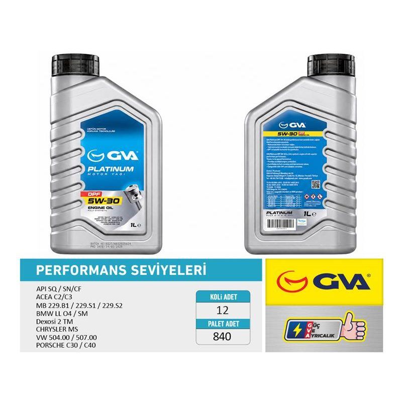 GVA MOTOR YAĞI 5W30 1 LT PLATINUM PARTİKÜLLÜ-DPF TAM SENTETİK API SQ SN/CF (5W30)