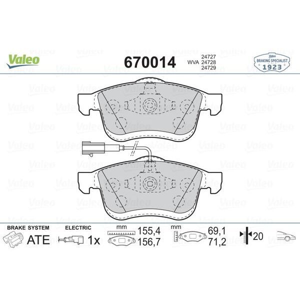 VALEO ÖN BALATA FIAT DOBLO III 10 OPEL COMBO 12 1.3D MTJ 1.4 1.6D MTJ 2.0D MTJ TEK FİŞLİ (77364929)