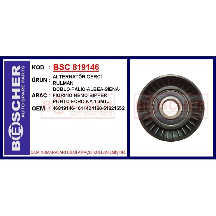 BESCHER ALTERNATÖR GERGİ RULMANI DOBLO-PALIO-ALBEA-SIENA-FIORINO-NEMO-BIPPER-PUNTO-FORD KA 1.3MTJ (1611424180)