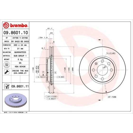 BREMBO ÖN FREN AYNASI CORSA C - COMBO C 01>11 MERIVA A 03>10 TIGRA 04>09 260X24X4DL HAVALI (569000)