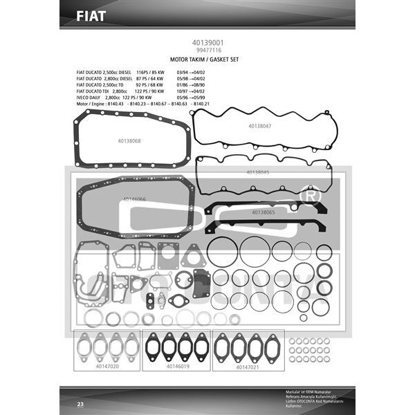 OTOCONTA MOTOR TAKIM CONTASI SKC SİZ KEÇESİZ DUCATO-IVECO DAILY-MASTER 2.5D-TD-2.8DTI S8U-S9U-S9W