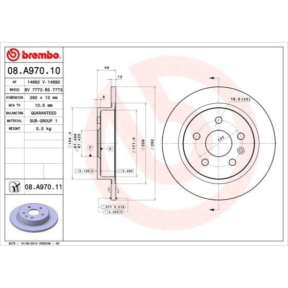 BREMBO ARKA FREN AYNASI INSIGNIA A 08 SAAB 9-5 YS3G 10 16 JANT 292X12X5DL DOLU (13502198)