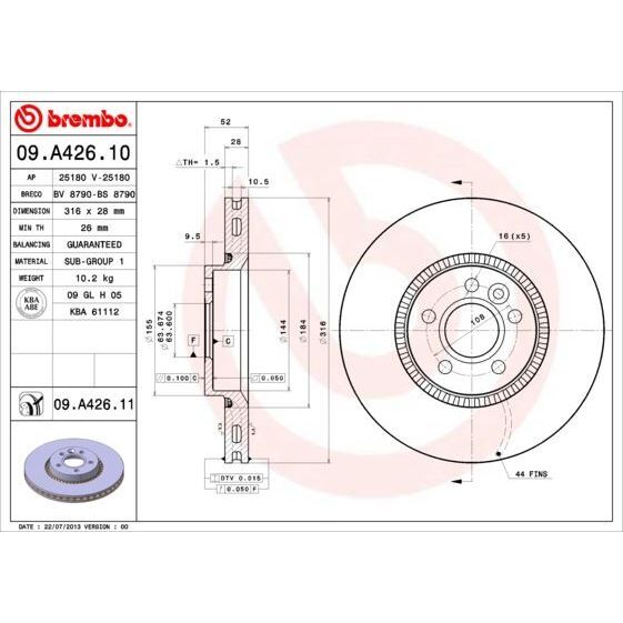 BREMBO FREN DİSKİ ÖN FORD MONDEO/GALAXY-VOLVO S60/S80/V60/V70-LAND ROVER FREELANDER 2 07> ÇAP: 316MM. KALI NLIK: 28MM (31400764)