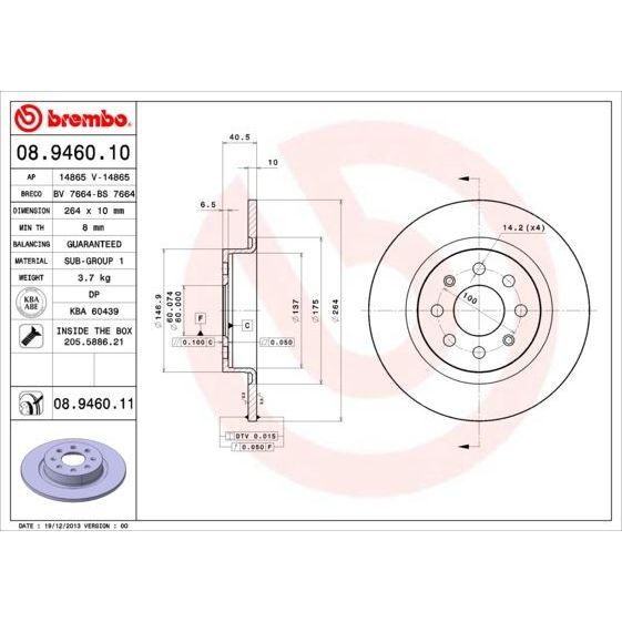 BREMBO ARKA FREN AYNASI CORSA E 14> ADAM 13> PUNTO EVO-GRANDE PUNTO 05> 264X10X4DLXHAVALI 15 İNÇ 55700592 (50902167)
