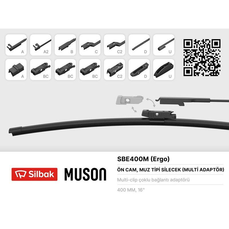 SILBAK SİLECEK SÜPÜRGESİ MUZ TİPİ 400MM A. BC.C2.D VE U TİPİ KOLLAR ICIN MULTİ ADAPTORLÜ