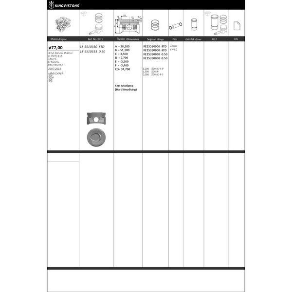 KING PISTON PİSTON SEGMAN 1 RİKEN SEG. 0.50 77 050 ÜST ÖLÇÜ BMW-PEUGEOT EP6D1.6L-R55 R56 R57 MİNİ COOPER 208 3008 308 508 87-71806-050 87-71806-050-8771806050000G (0628T4)