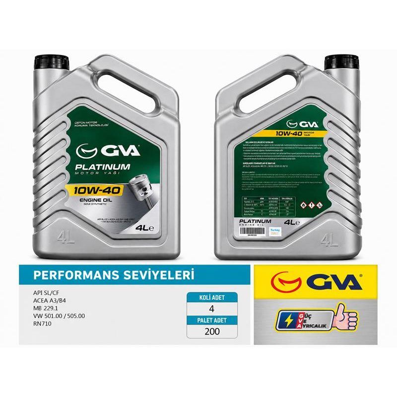GVA MOTOR YAĞI 10W40 4 LT PLATINUM YARI SENTETİK API SL/CF (10W40)