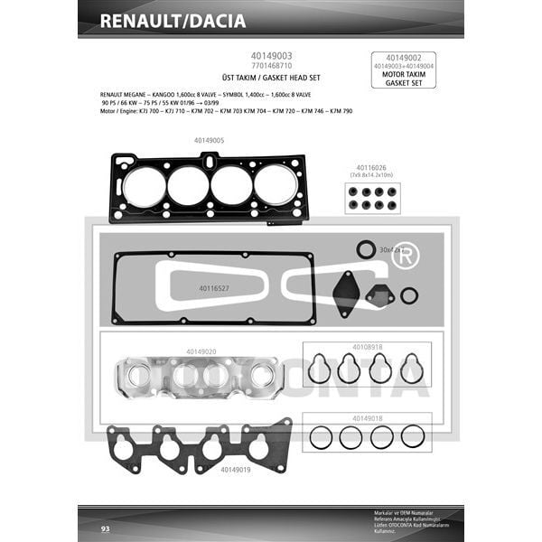 OTOCONTA ÜST TAKIM CONTASI MGN-CLIO SYMBOL 1.6 8V K7J/K7M KEÇELİ SKC STD SUBAP LASTİKLİ (770146820)