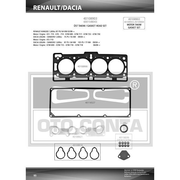 OTOCONTA ÜST TAKIM CONTA DACIA LOGAN 04 SANDERO 08 KANGOO II 08 DOKKER 12 1.4 K7J 1.6 K7M KEÇELİ SUBAP LASTİKLİ (6001548043)