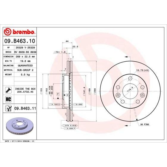 BREMBO ON FREN DISKI DACIA DUSTER I 10>18 DUSTER II 18> RENAULT MEGANE IV 15> DIŞ ÇAP: 269MM DISKI KALINLIĞI: 22.5MM 5 DELİK HAVALANDIRMALI (402061715R)