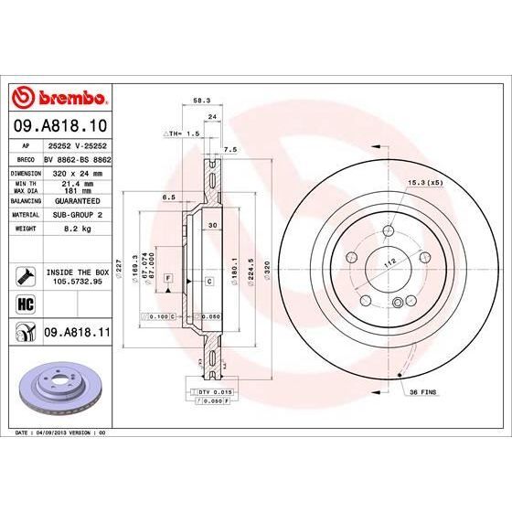 BREMBO FREN DISKI ARKA MERCEDES AMG W221 C216 W222 R230 (A2214231012)