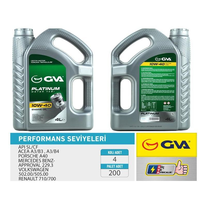 GVA MOTOR YAĞI 10W40 4 LT PLATINUM YARI SENTETİK API SL/CF (10W40)