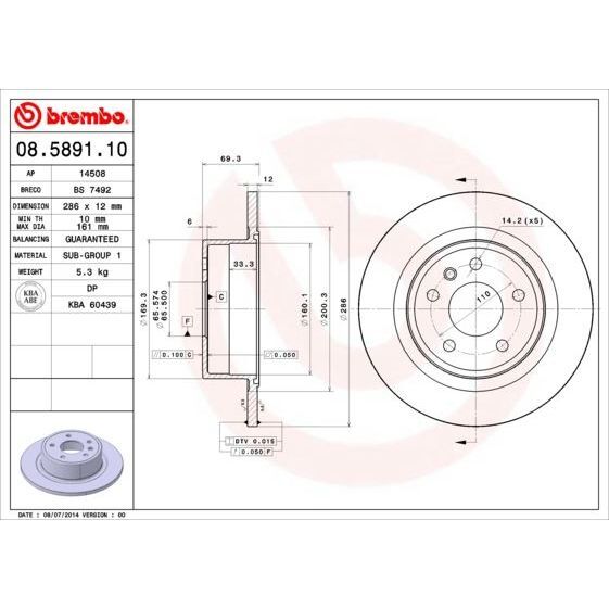 BREMBO ARKA FREN AYNASI OMEGA B 2.0 24V 2.2 2.5TD 3.0 V6 94/7.03 286MM 285.8X12X5DLXHAVALI (569121)