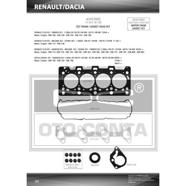OTOCONTA ÜST TAKIM CONTASI SKC LI MEGANE II 02>CLIO II 02>CLIO III 05>LOGAN 04>SANDERO 08>NOTE 06>11 E11 MICRA III 05>10 SUZUKİ JIMNY 03> 1.5 DCI K9K SKT KEÇELİ SUB.LAST K9K 712-714-718-724-760 (110444213R)